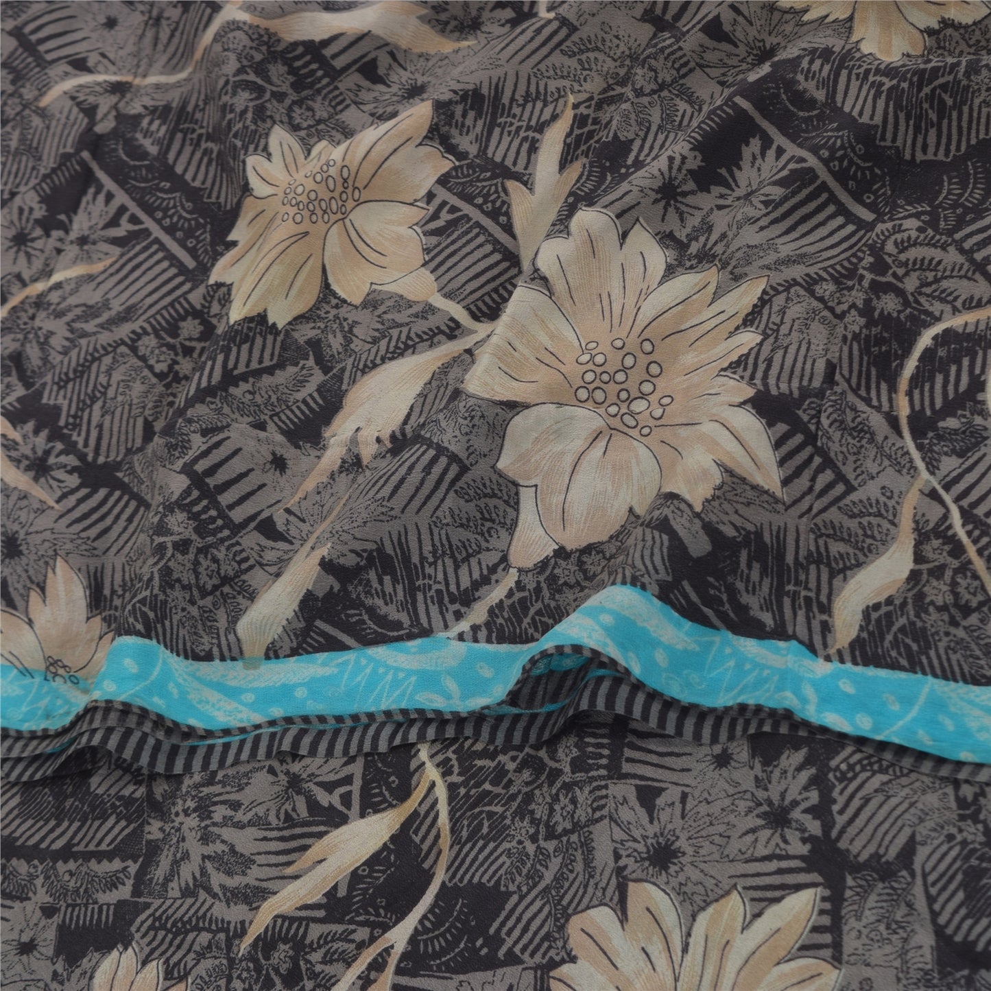 Sanskriti Vintage Sarees Black Pure Crepe Silk Printed Sari 5+yd Craft Sustainable Fabric