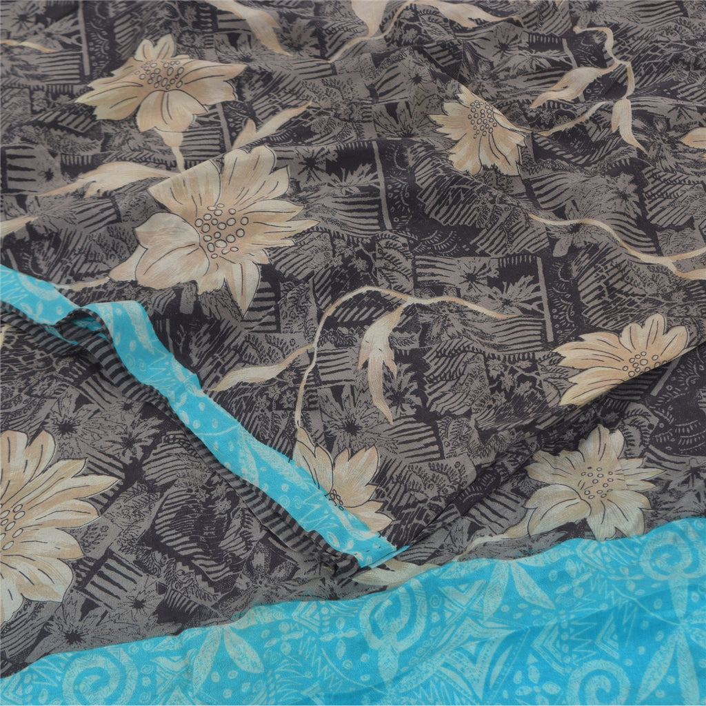 Sanskriti Vintage Sarees Black Pure Crepe Silk Printed Sari 5+yd Craft Sustainable Fabric