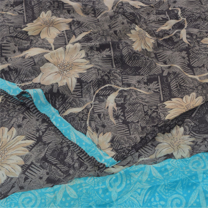 Sanskriti Vintage Sarees Black Pure Crepe Silk Printed Sari 5+yd Craft Sustainable Fabric