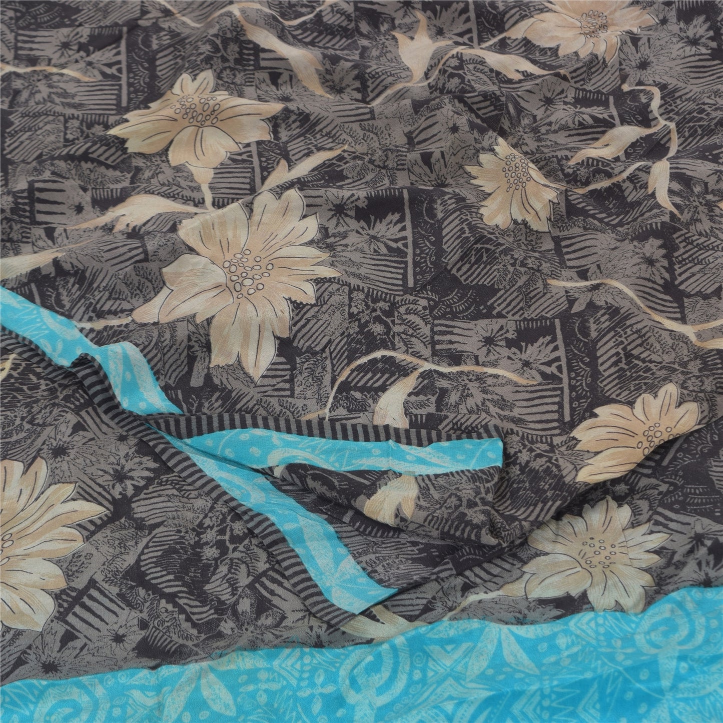 Sanskriti Vintage Sarees Black Pure Crepe Silk Printed Sari 5+yd Craft Sustainable Fabric