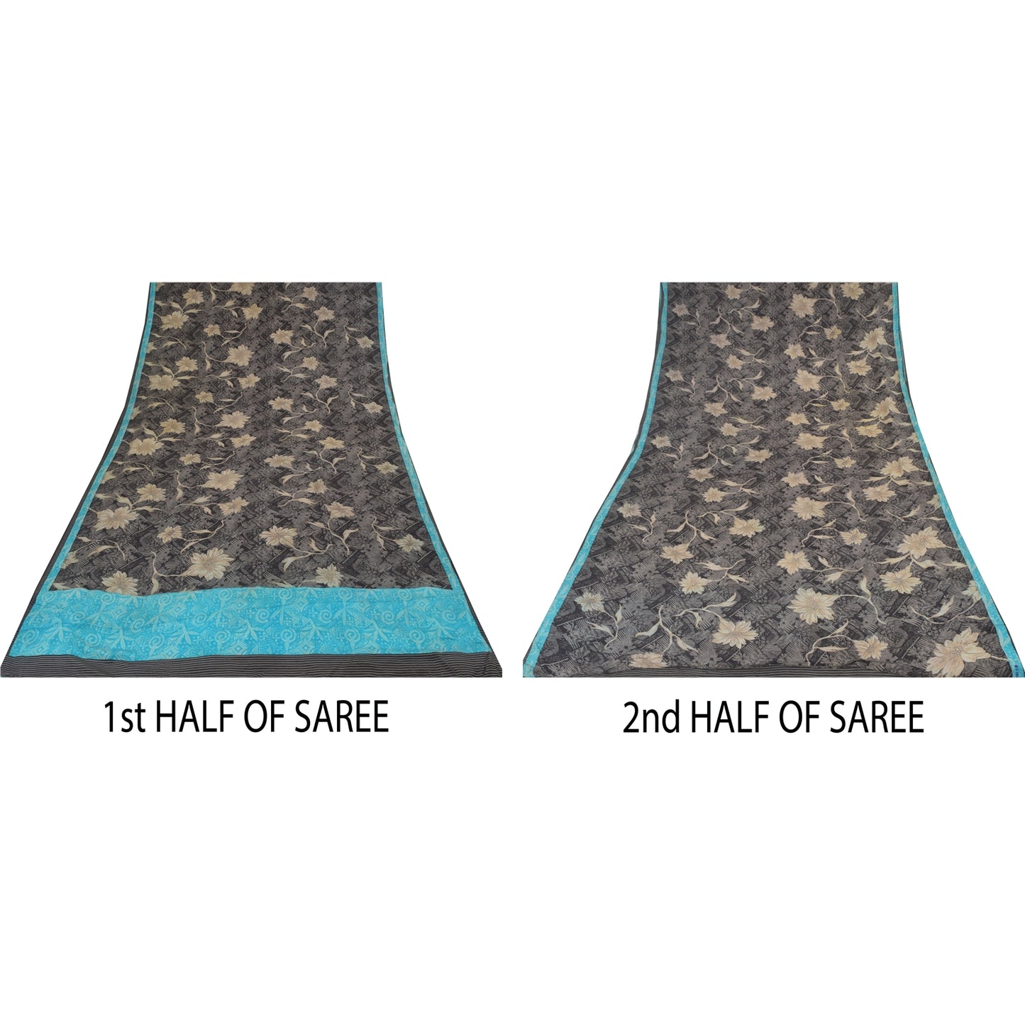 Sanskriti Vintage Sarees Black Pure Crepe Silk Printed Sari 5+yd Craft Sustainable Fabric