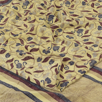 Sanskriti Vintage Sarees Pale Yellow Pure Crepe Printed Sari 5+yd Craft Sustainable Fabric