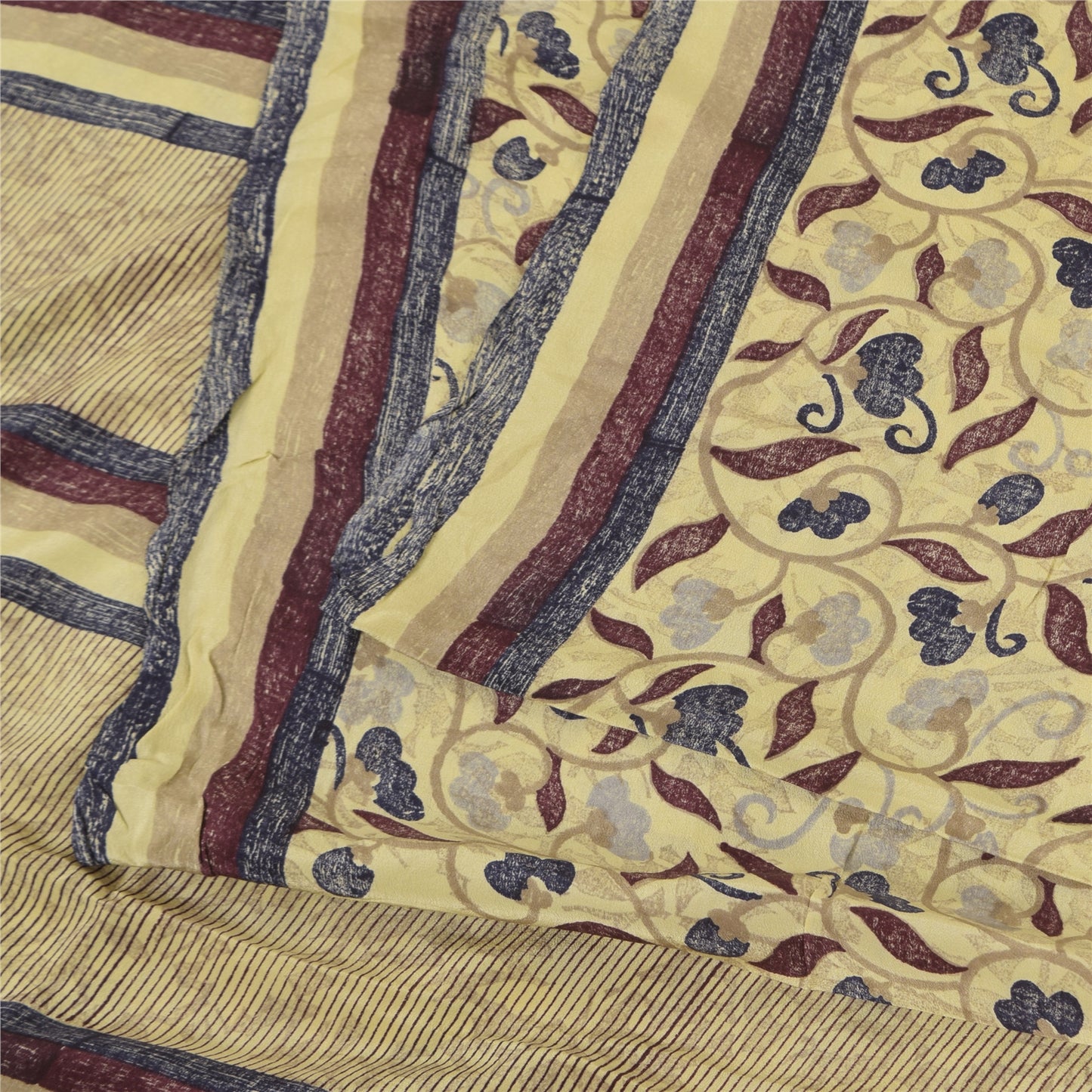 Sanskriti Vintage Sarees Pale Yellow Pure Crepe Printed Sari 5+yd Craft Sustainable Fabric