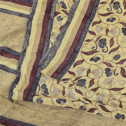Sanskriti Vintage Sarees Pale Yellow Pure Crepe Printed Sari 5+yd Craft Sustainable Fabric
