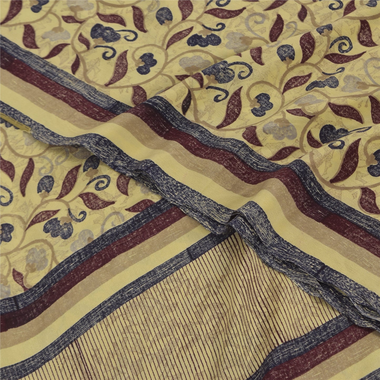 Sanskriti Vintage Sarees Pale Yellow Pure Crepe Printed Sari 5+yd Craft Sustainable Fabric