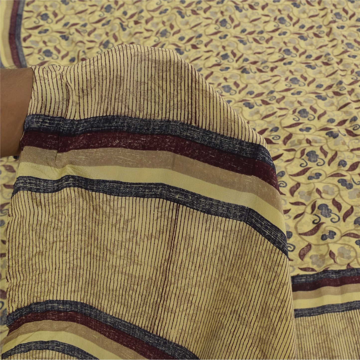 Sanskriti Vintage Sarees Pale Yellow Pure Crepe Printed Sari 5+yd Craft Sustainable Fabric