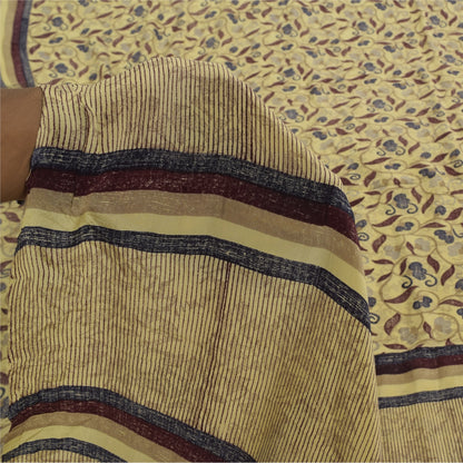 Sanskriti Vintage Sarees Pale Yellow Pure Crepe Printed Sari 5+yd Craft Sustainable Fabric