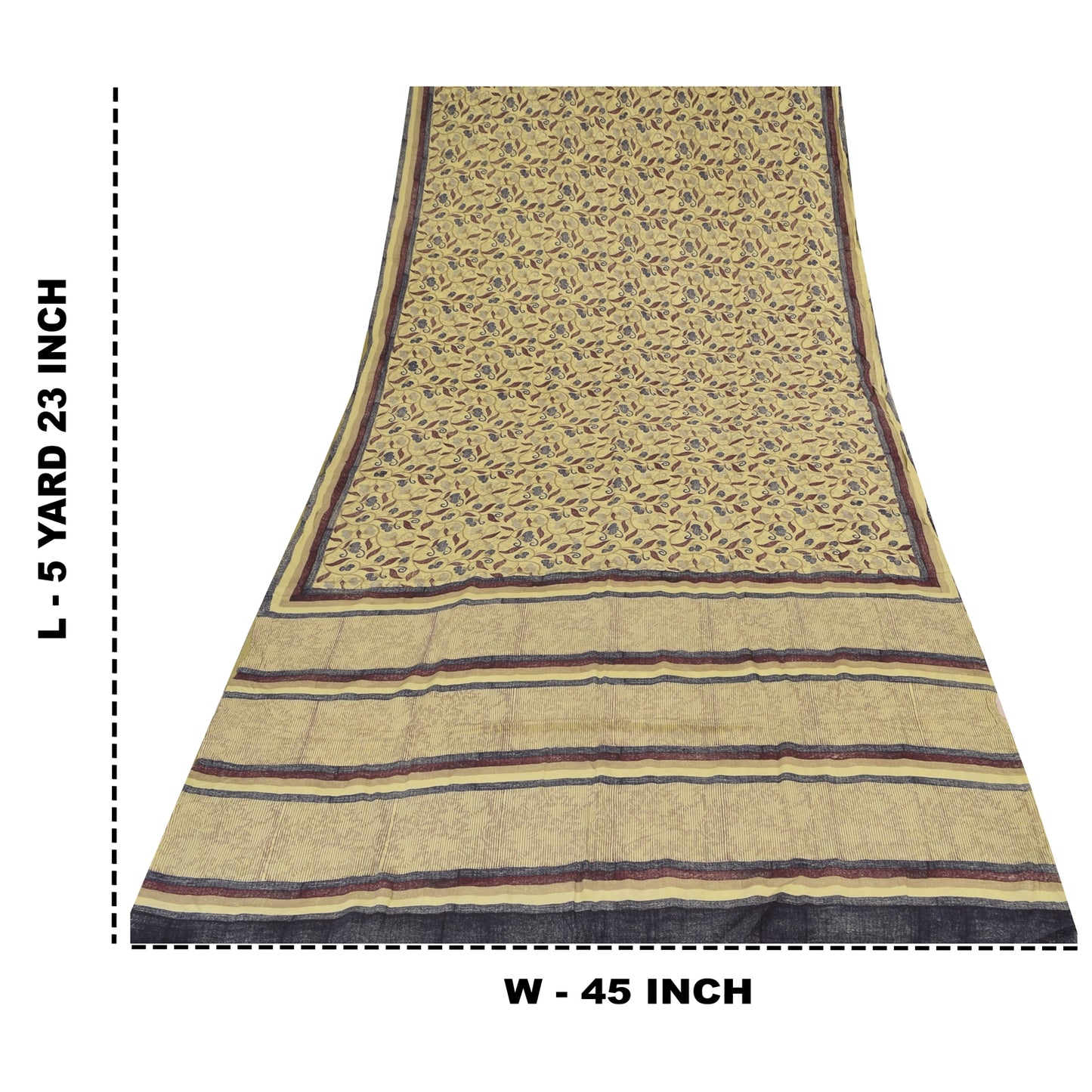 Sanskriti Vintage Sarees Pale Yellow Pure Crepe Printed Sari 5+yd Craft Sustainable Fabric