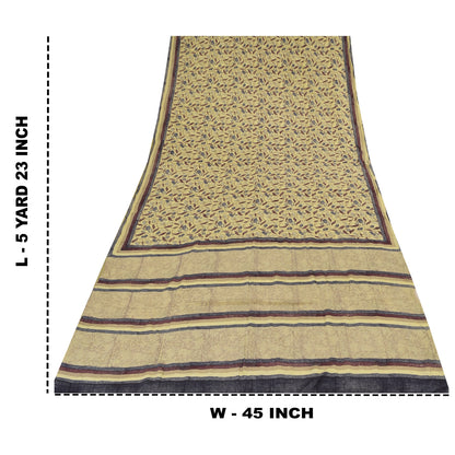 Sanskriti Vintage Sarees Pale Yellow Pure Crepe Printed Sari 5+yd Craft Sustainable Fabric