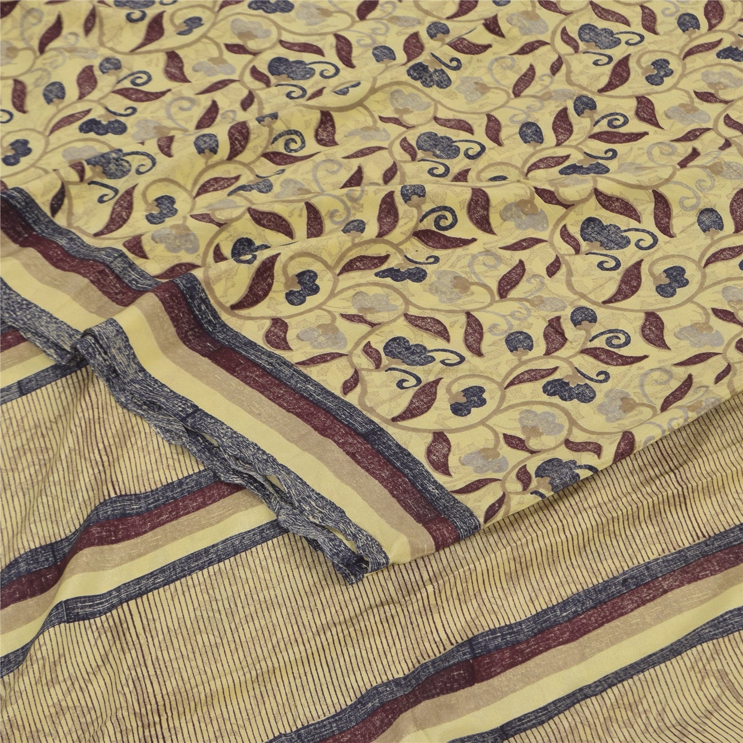 Sanskriti Vintage Sarees Pale Yellow Pure Crepe Printed Sari 5+yd Craft Sustainable Fabric