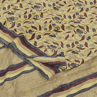 Sanskriti Vintage Sarees Pale Yellow Pure Crepe Printed Sari 5+yd Craft Sustainable Fabric