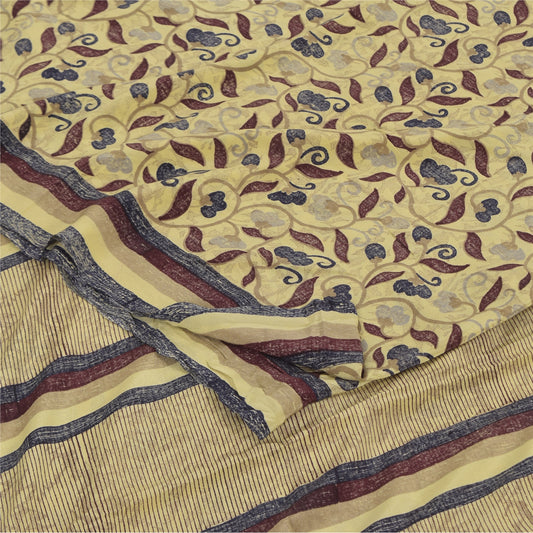 Sanskriti Vintage Sarees Pale Yellow Pure Crepe Printed Sari 5+yd Craft Sustainable Fabric