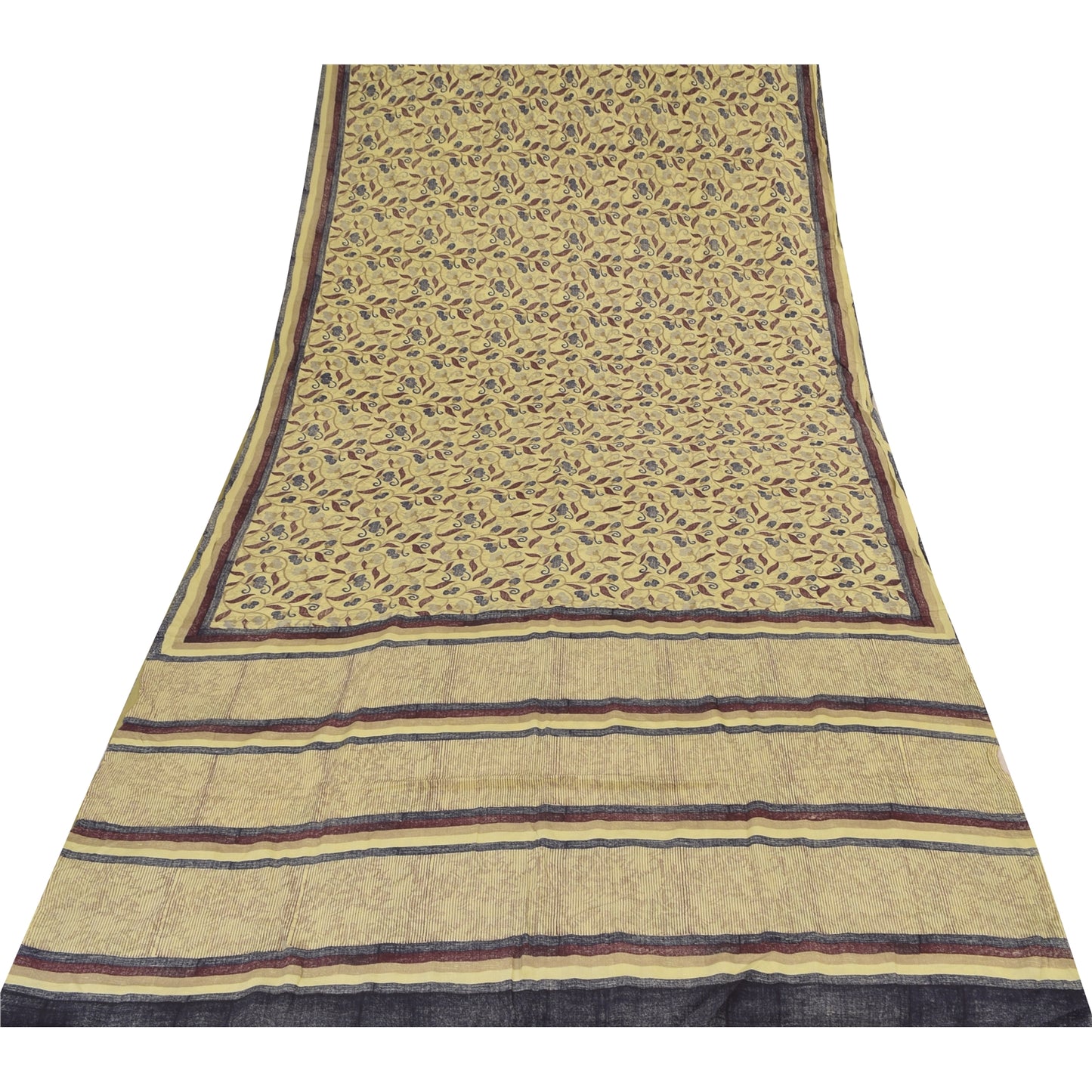Sanskriti Vintage Sarees Pale Yellow Pure Crepe Printed Sari 5+yd Craft Sustainable Fabric