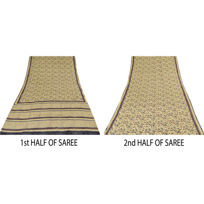 Sanskriti Vintage Sarees Pale Yellow Pure Crepe Printed Sari 5+yd Craft Sustainable Fabric