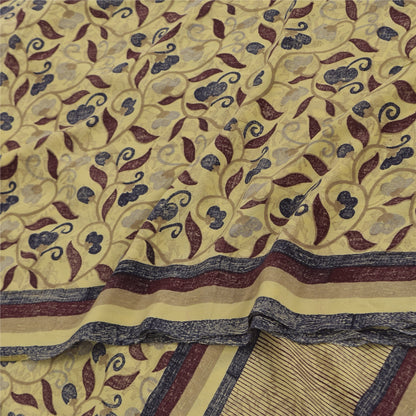 Sanskriti Vintage Sarees Pale Yellow Pure Crepe Printed Sari 5+yd Craft Sustainable Fabric