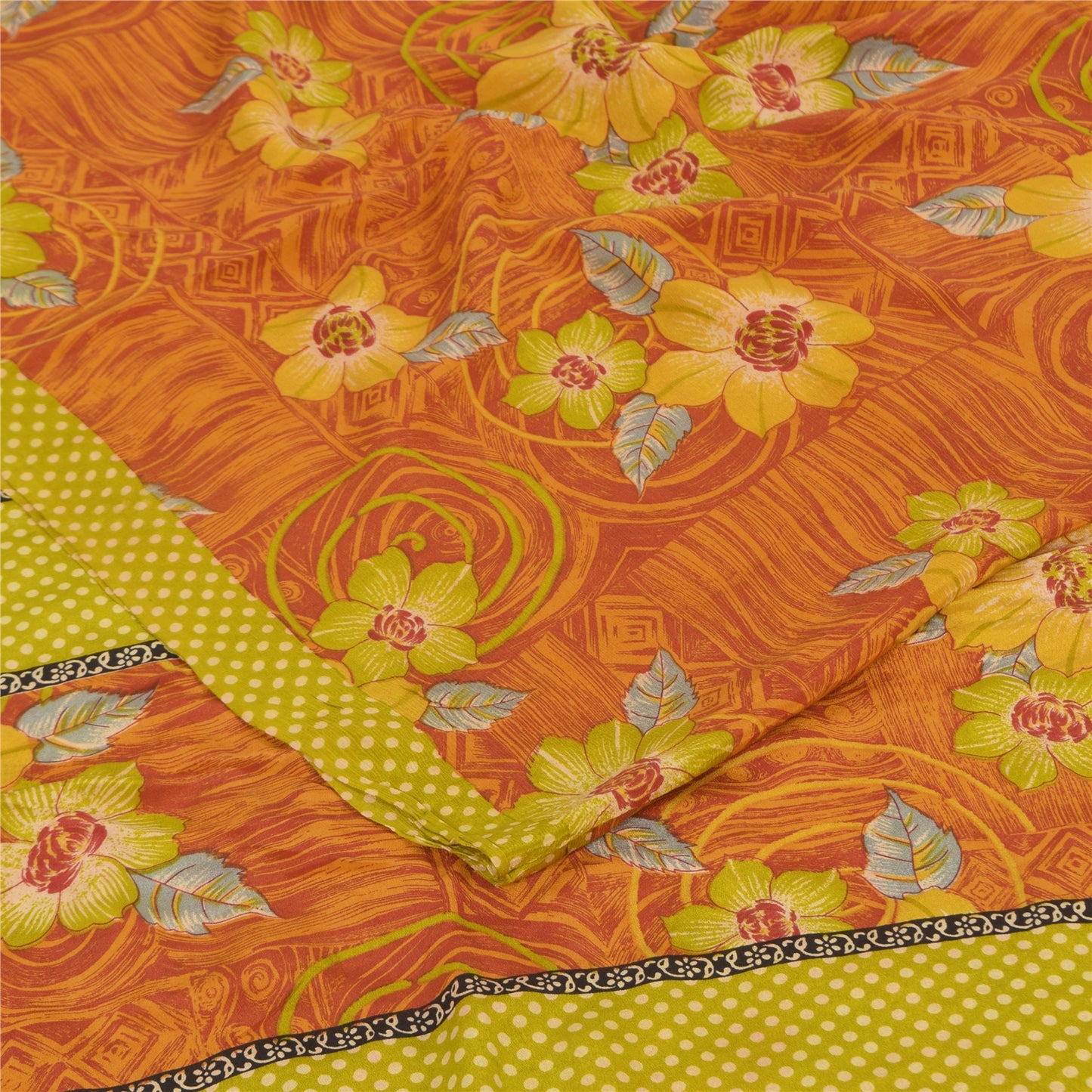 Sanskriti Vintage Sarees Orange Pure Crepe Silk Printed Sari 5+yd Craft Sustainable Fabric