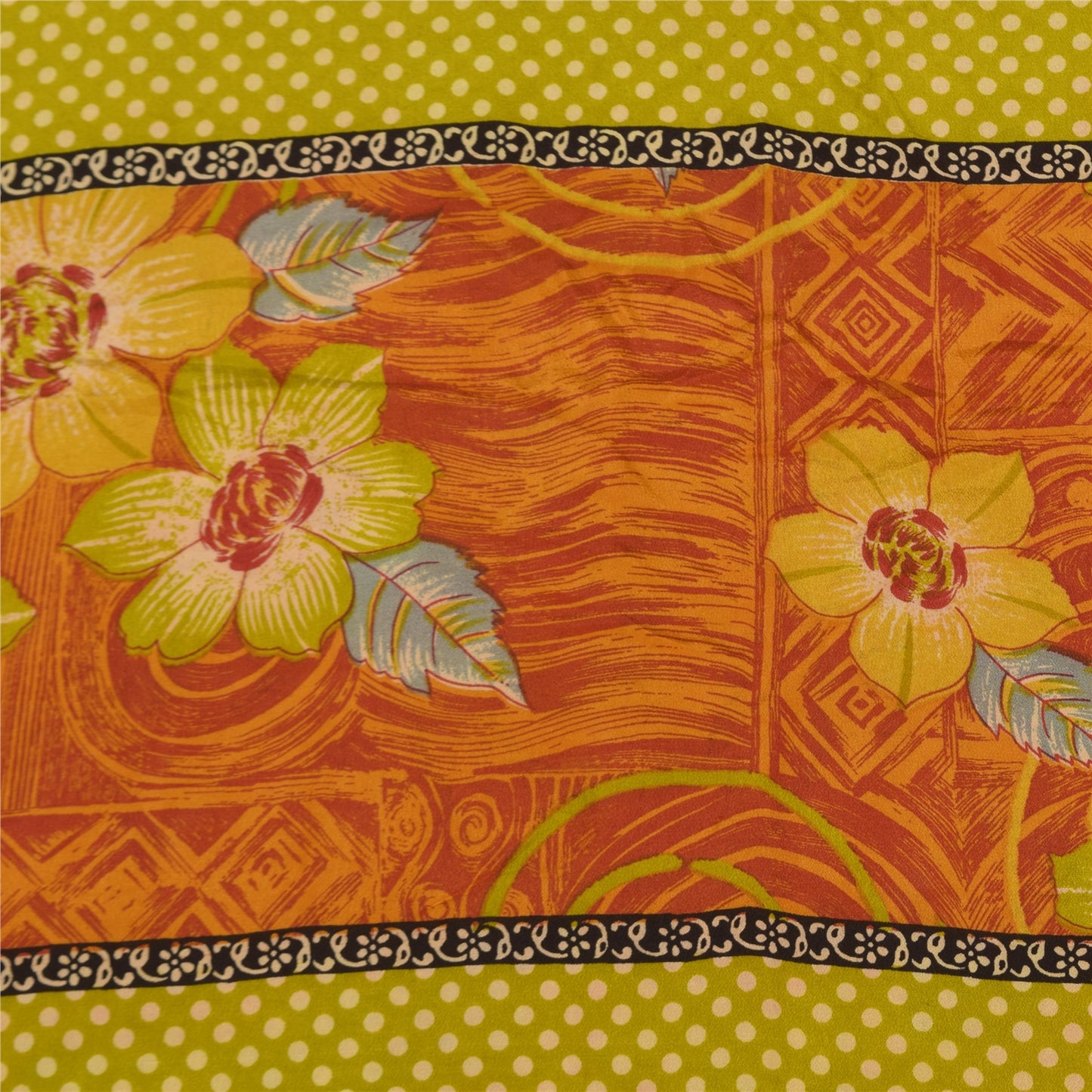 Sanskriti Vintage Sarees Orange Pure Crepe Silk Printed Sari 5+yd Craft Sustainable Fabric