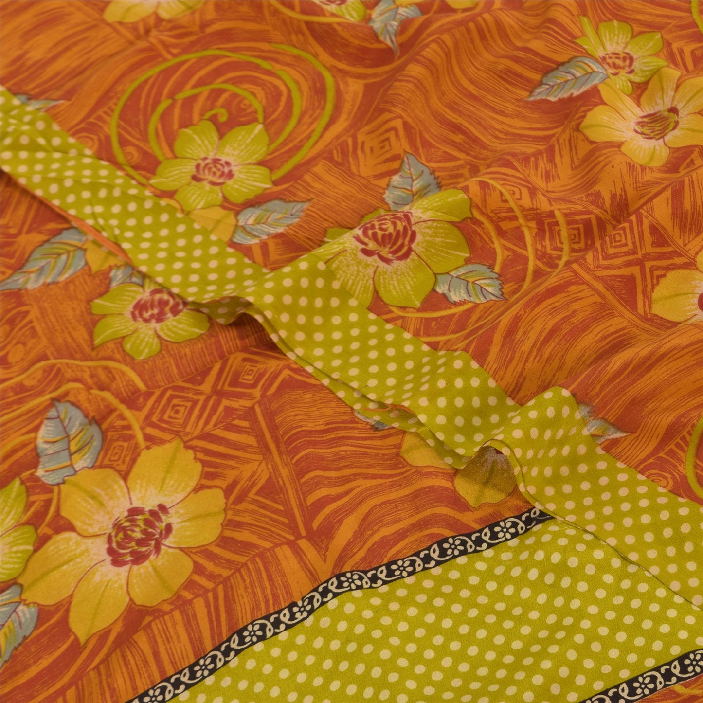 Sanskriti Vintage Sarees Orange Pure Crepe Silk Printed Sari 5+yd Craft Sustainable Fabric