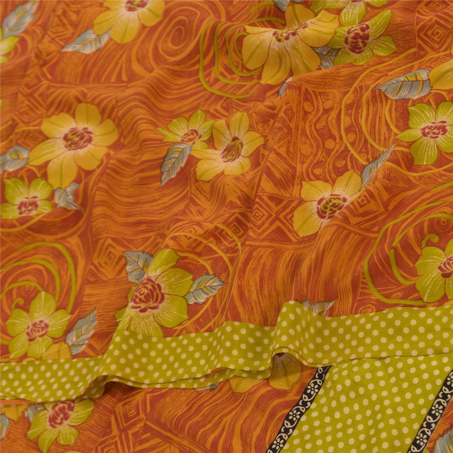 Sanskriti Vintage Sarees Orange Pure Crepe Silk Printed Sari 5+yd Craft Sustainable Fabric