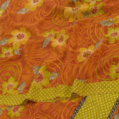 Sanskriti Vintage Sarees Orange Pure Crepe Silk Printed Sari 5+yd Craft Sustainable Fabric