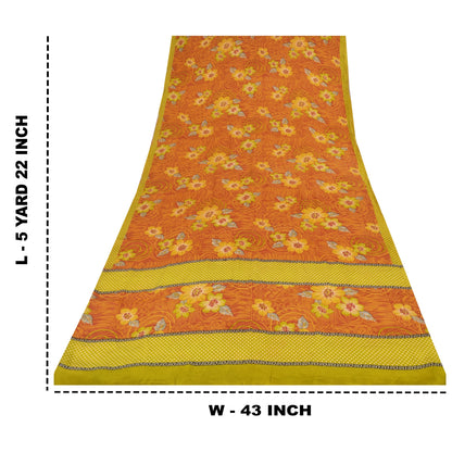 Sanskriti Vintage Sarees Orange Pure Crepe Silk Printed Sari 5+yd Craft Sustainable Fabric