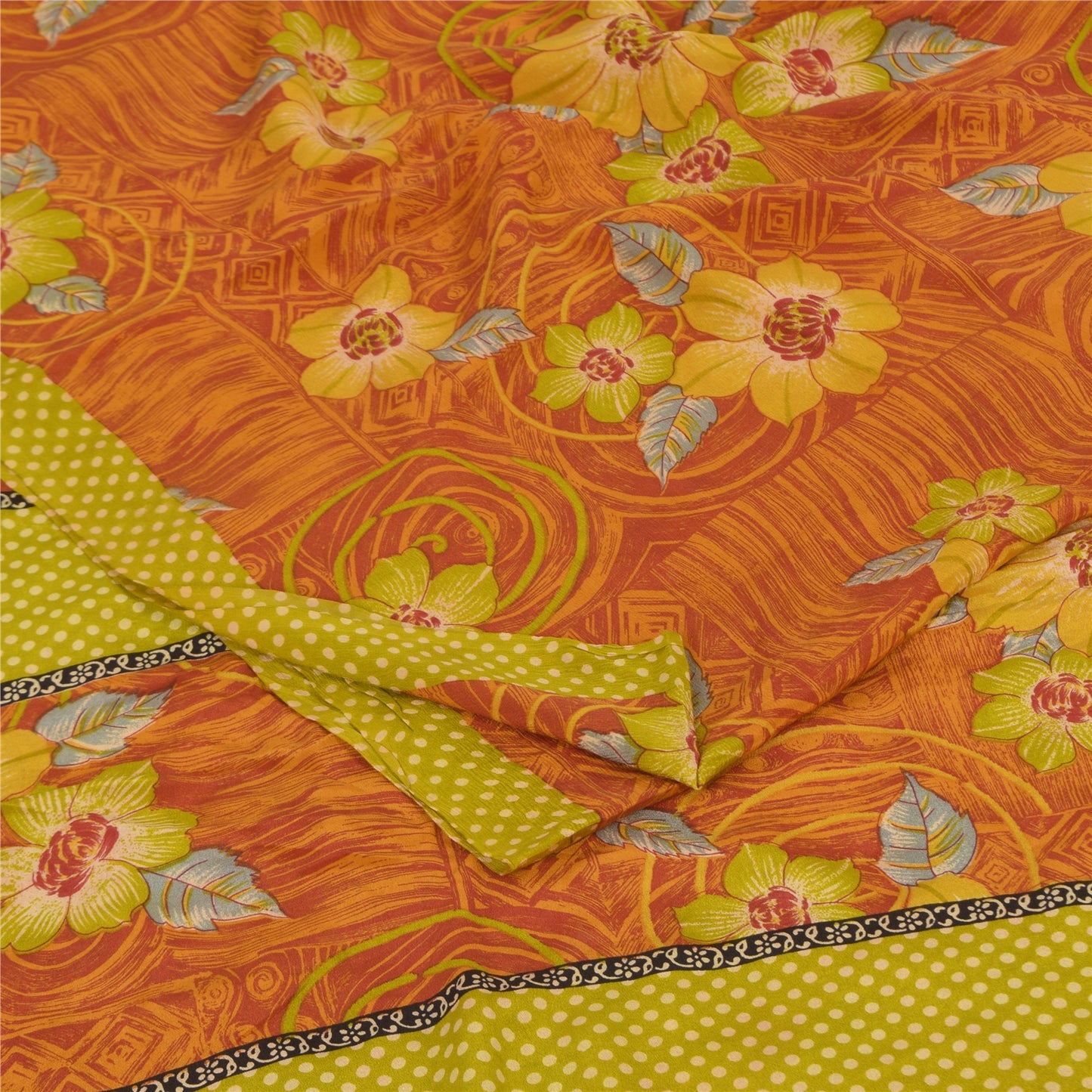 Sanskriti Vintage Sarees Orange Pure Crepe Silk Printed Sari 5+yd Craft Sustainable Fabric