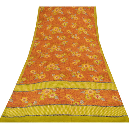 Sanskriti Vintage Sarees Orange Pure Crepe Silk Printed Sari 5+yd Craft Sustainable Fabric