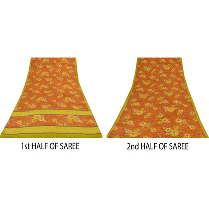 Sanskriti Vintage Sarees Orange Pure Crepe Silk Printed Sari 5+yd Craft Sustainable Fabric
