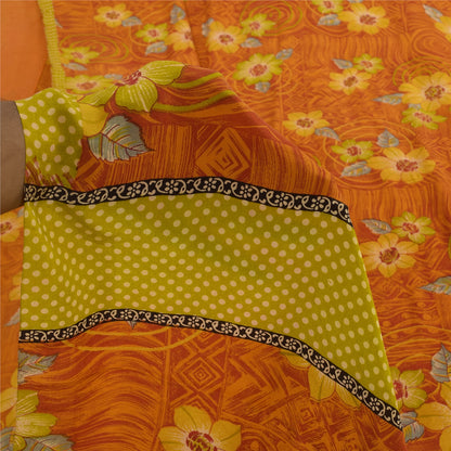 Sanskriti Vintage Sarees Orange Pure Crepe Silk Printed Sari 5+yd Craft Sustainable Fabric