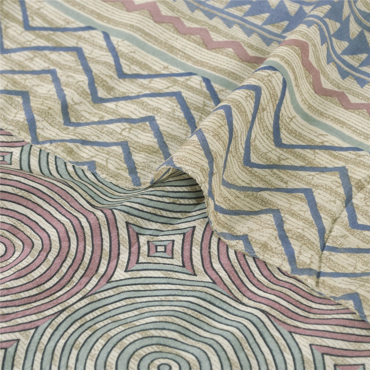 Sanskriti Vintage Sarees Cream Pure Crepe Silk Printed Sari 5+yd Craft Fabric