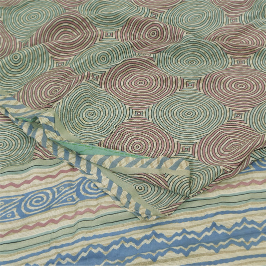 Sanskriti Vintage Sarees Cream Pure Crepe Silk Printed Sari 5+yd Craft Fabric