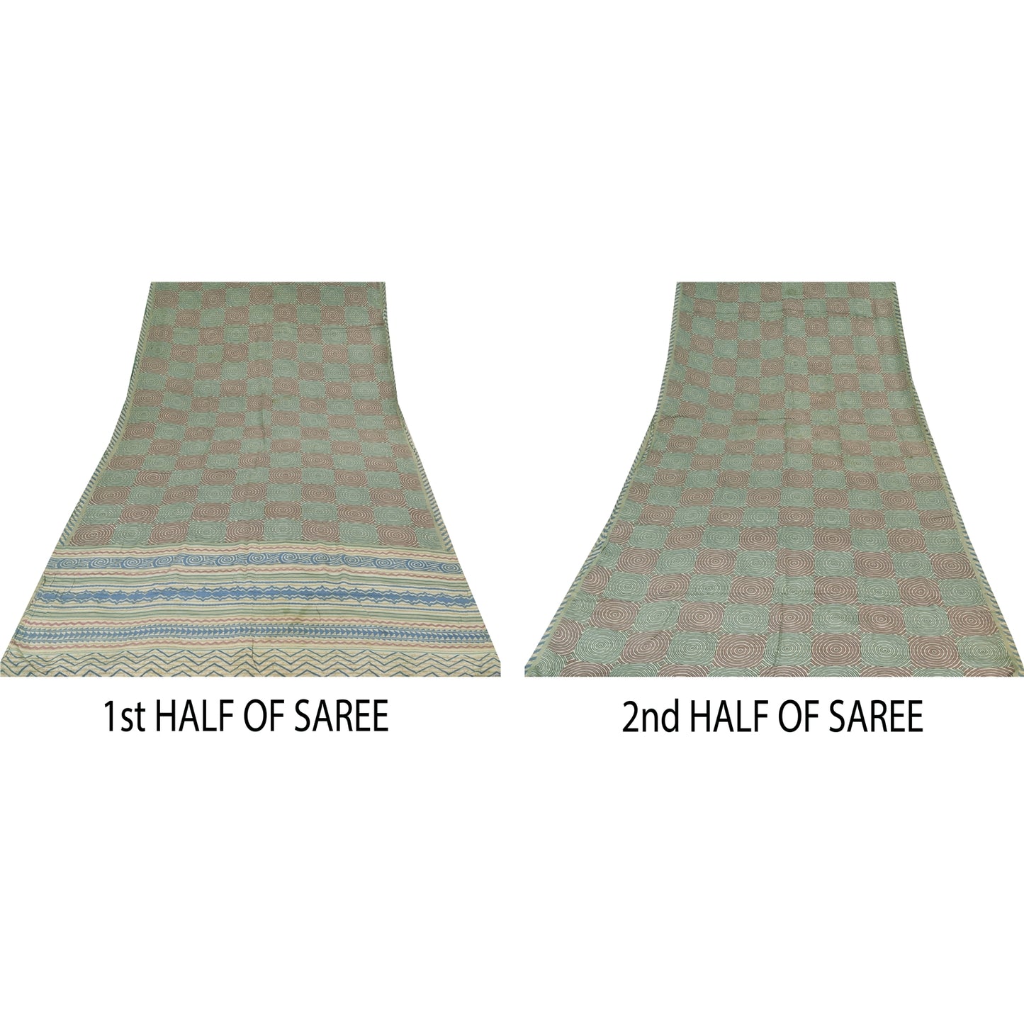 Sanskriti Vintage Sarees Cream Pure Crepe Silk Printed Sari 5+yd Craft Fabric