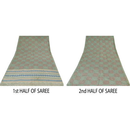 Sanskriti Vintage Sarees Cream Pure Crepe Silk Printed Sari 5+yd Craft Fabric