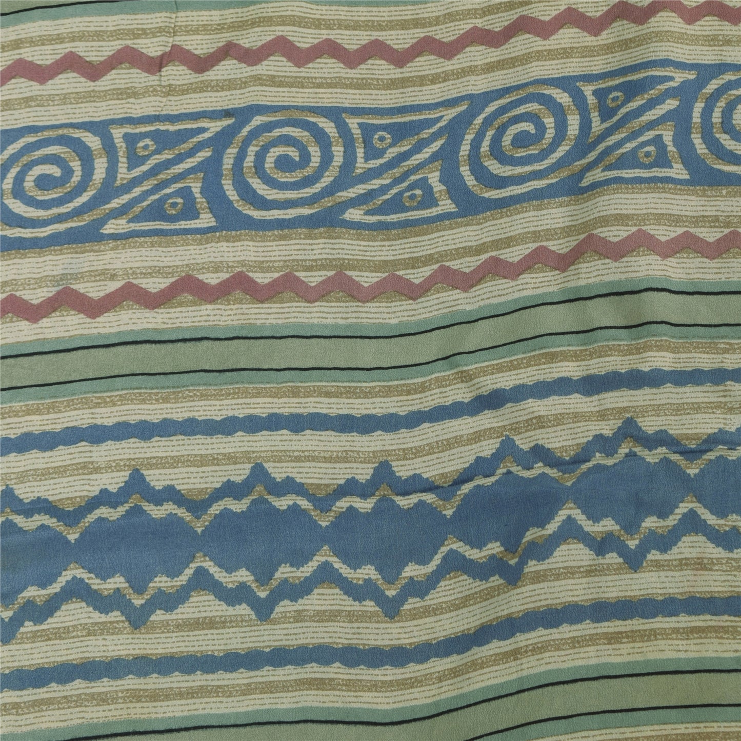 Sanskriti Vintage Sarees Cream Pure Crepe Silk Printed Sari 5+yd Craft Fabric