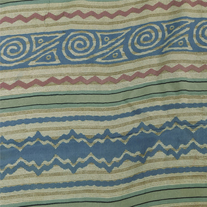 Sanskriti Vintage Sarees Cream Pure Crepe Silk Printed Sari 5+yd Craft Fabric