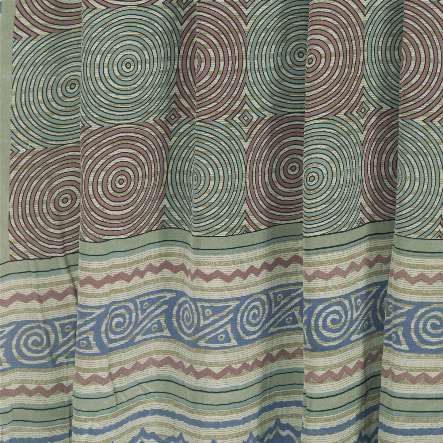 Sanskriti Vintage Sarees Cream Pure Crepe Silk Printed Sari 5+yd Craft Fabric