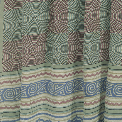 Sanskriti Vintage Sarees Cream Pure Crepe Silk Printed Sari 5+yd Craft Fabric