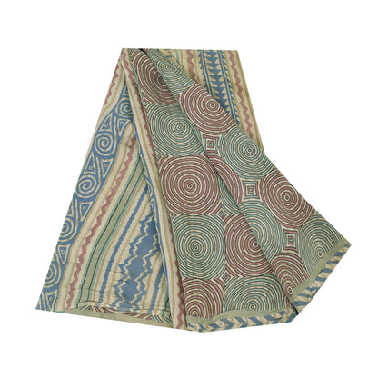 Sanskriti Vintage Sarees Cream Pure Crepe Silk Printed Sari 5+yd Craft Fabric