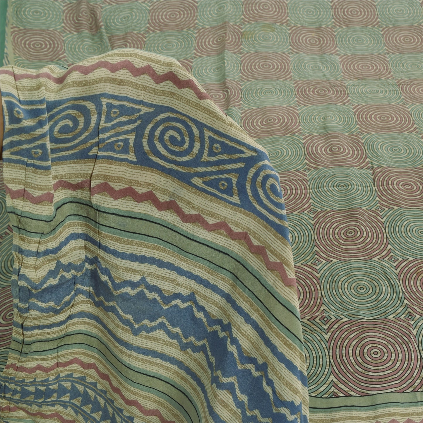 Sanskriti Vintage Sarees Cream Pure Crepe Silk Printed Sari 5+yd Craft Fabric