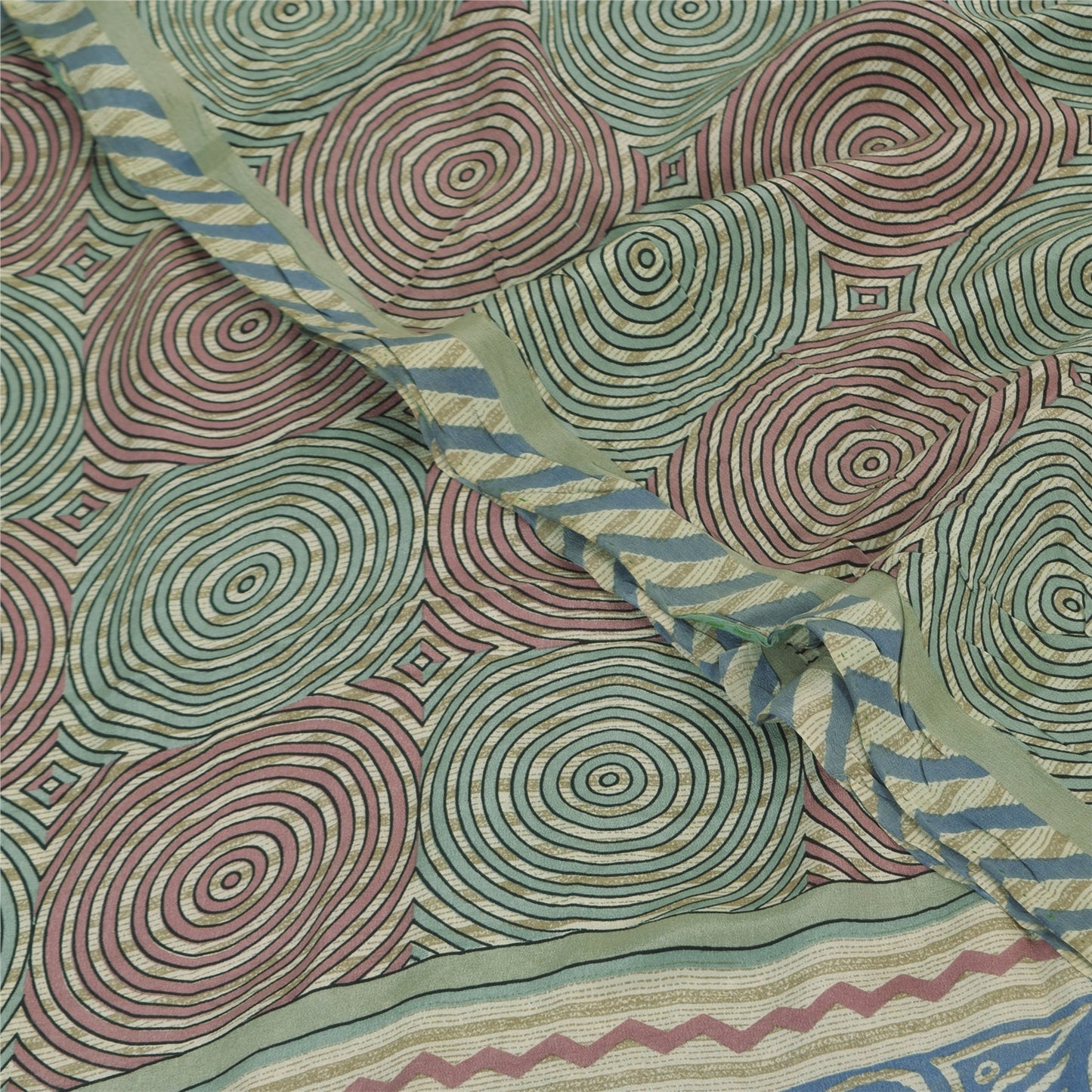 Sanskriti Vintage Sarees Cream Pure Crepe Silk Printed Sari 5+yd Craft Fabric