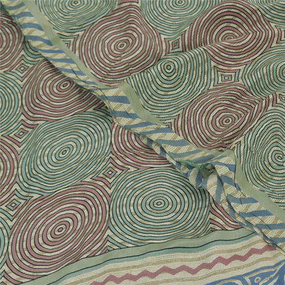 Sanskriti Vintage Sarees Cream Pure Crepe Silk Printed Sari 5+yd Craft Fabric