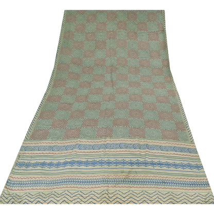 Sanskriti Vintage Sarees Cream Pure Crepe Silk Printed Sari 5+yd Craft Fabric