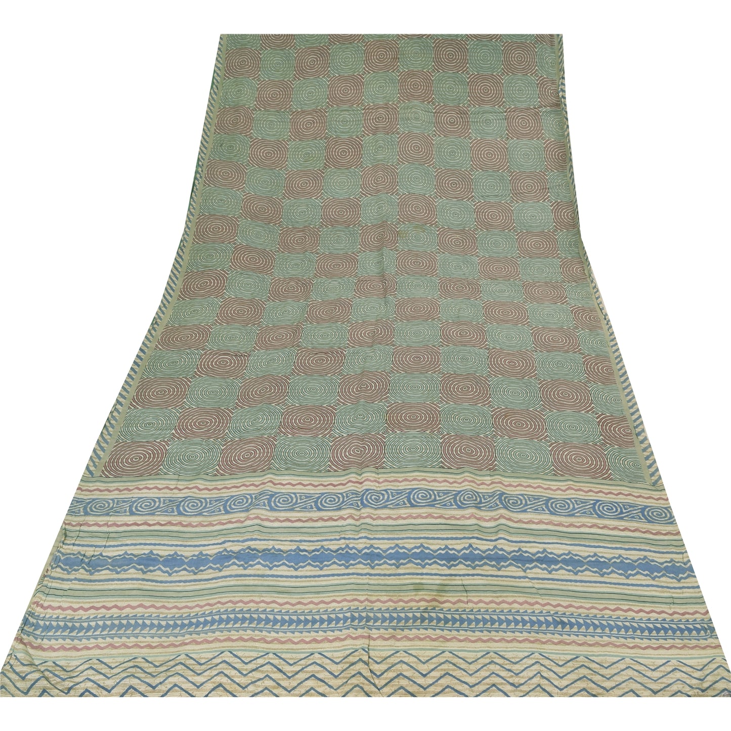 Sanskriti Vintage Sarees Cream Pure Crepe Silk Printed Sari 5+yd Craft Fabric