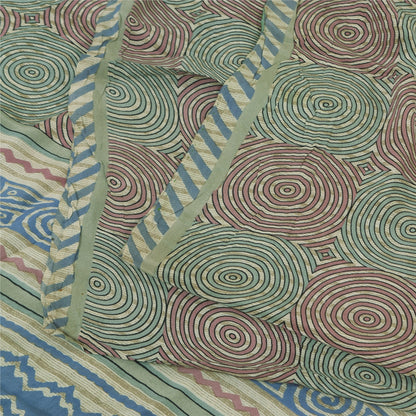 Sanskriti Vintage Sarees Cream Pure Crepe Silk Printed Sari 5+yd Craft Fabric