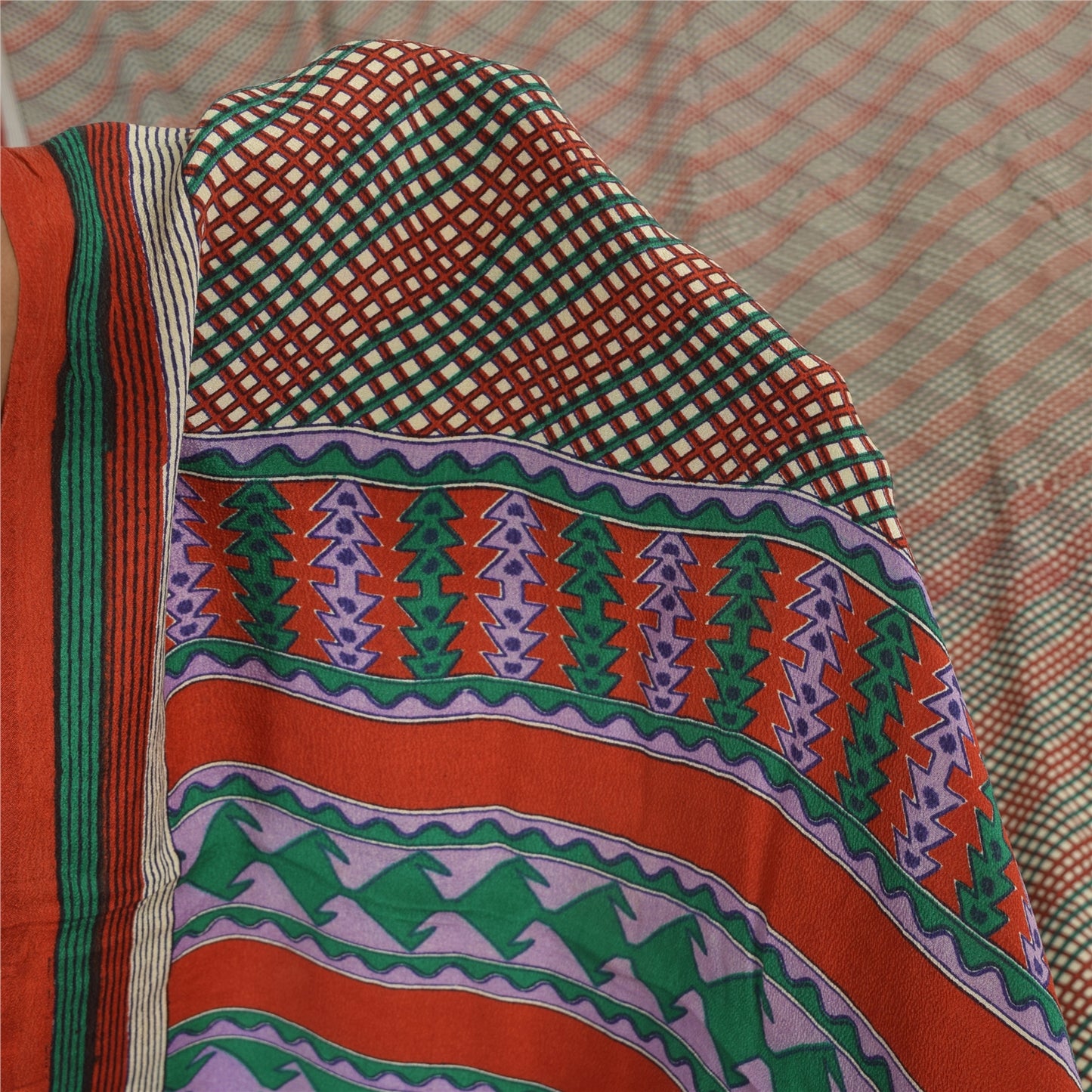 Sanskriti Vintage Sarees Multi Pure Crepe Silk Printed Sari 5+yd Craft Sustainable Fabric