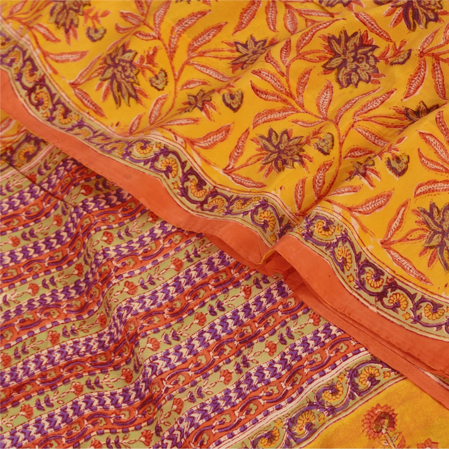 Sanskriti Vintage Sarees Yellow Pure Crepe Silk Printed Sari 5+yd Craft Sustainable Fabric