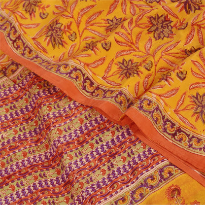 Sanskriti Vintage Sarees Yellow Pure Crepe Silk Printed Sari 5+yd Craft Sustainable Fabric