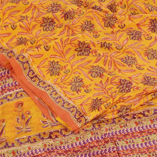 Sanskriti Vintage Sarees Yellow Pure Crepe Silk Printed Sari 5+yd Craft Sustainable Fabric