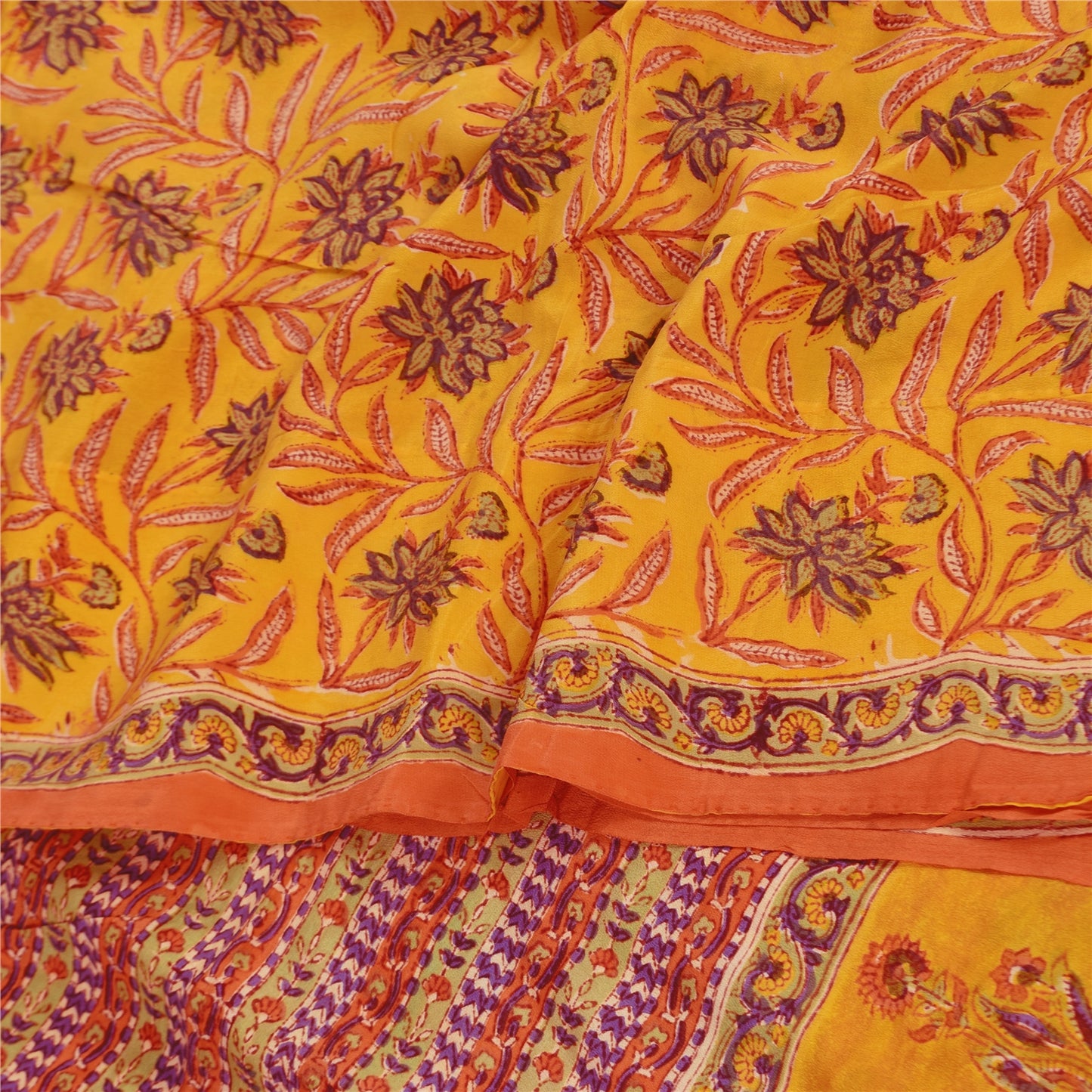 Sanskriti Vintage Sarees Yellow Pure Crepe Silk Printed Sari 5+yd Craft Sustainable Fabric