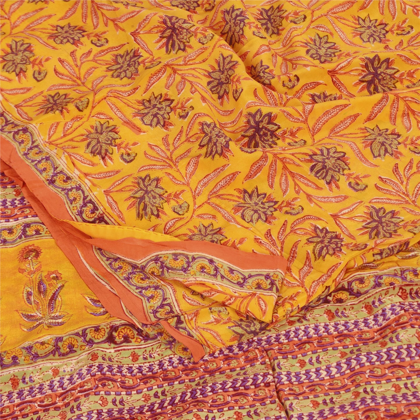 Sanskriti Vintage Sarees Yellow Pure Crepe Silk Printed Sari 5+yd Craft Sustainable Fabric